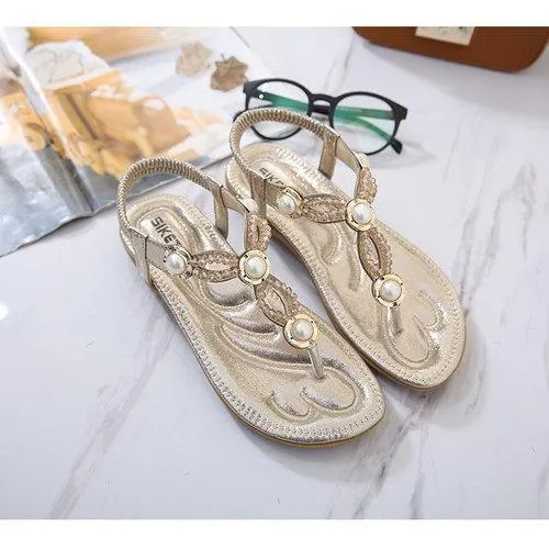Large Size Beaded Rhinestone Clip Toe Elastic Slip On Sandals