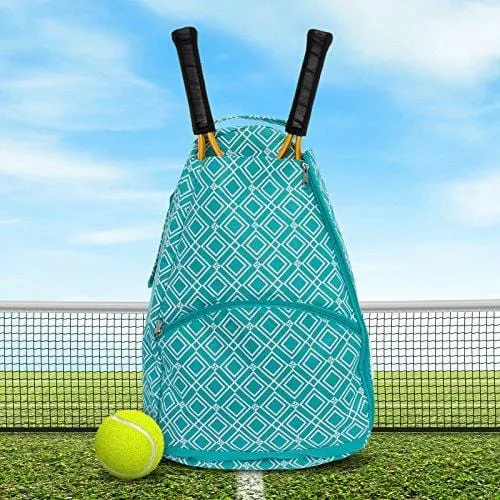 LISH Advantage Tennis Racket Backpack - Women's Geometric Diamond Print Tennis Racquet Holder Bag (Teal)