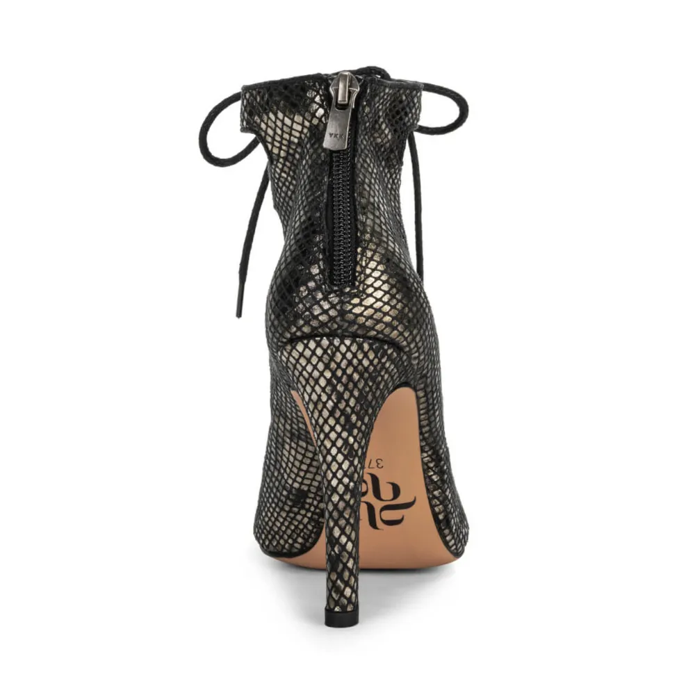 Luciana - Lace Up Metallic Black Snake Print Open Toe Bootie (Street Sole)
