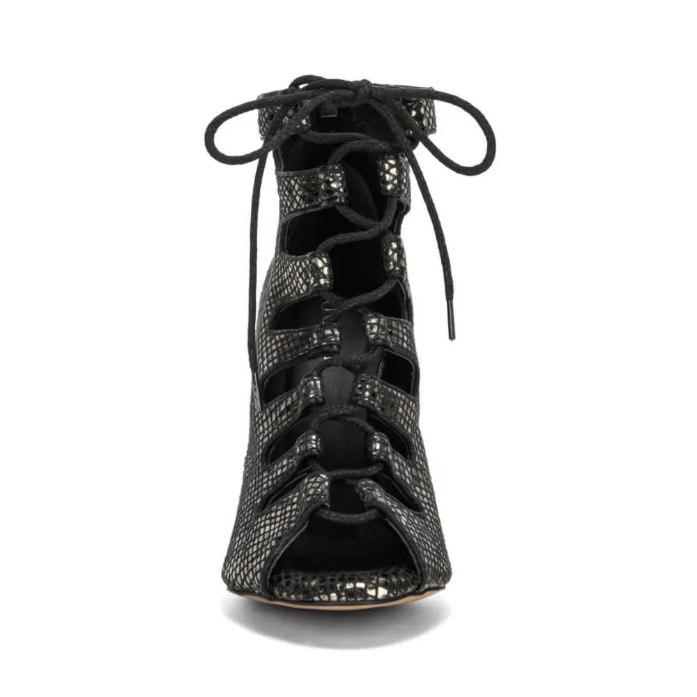 Luciana - Lace Up Metallic Black Snake Print Open Toe Bootie (Street Sole)