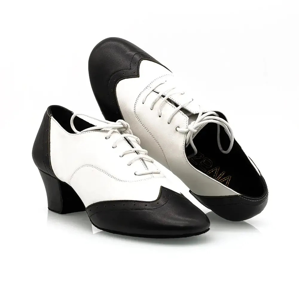 Melody - Black & White Leather 2" Women's Cuban Heel Latin & Ballroom Practice Dance Shoes (Suede Sole)