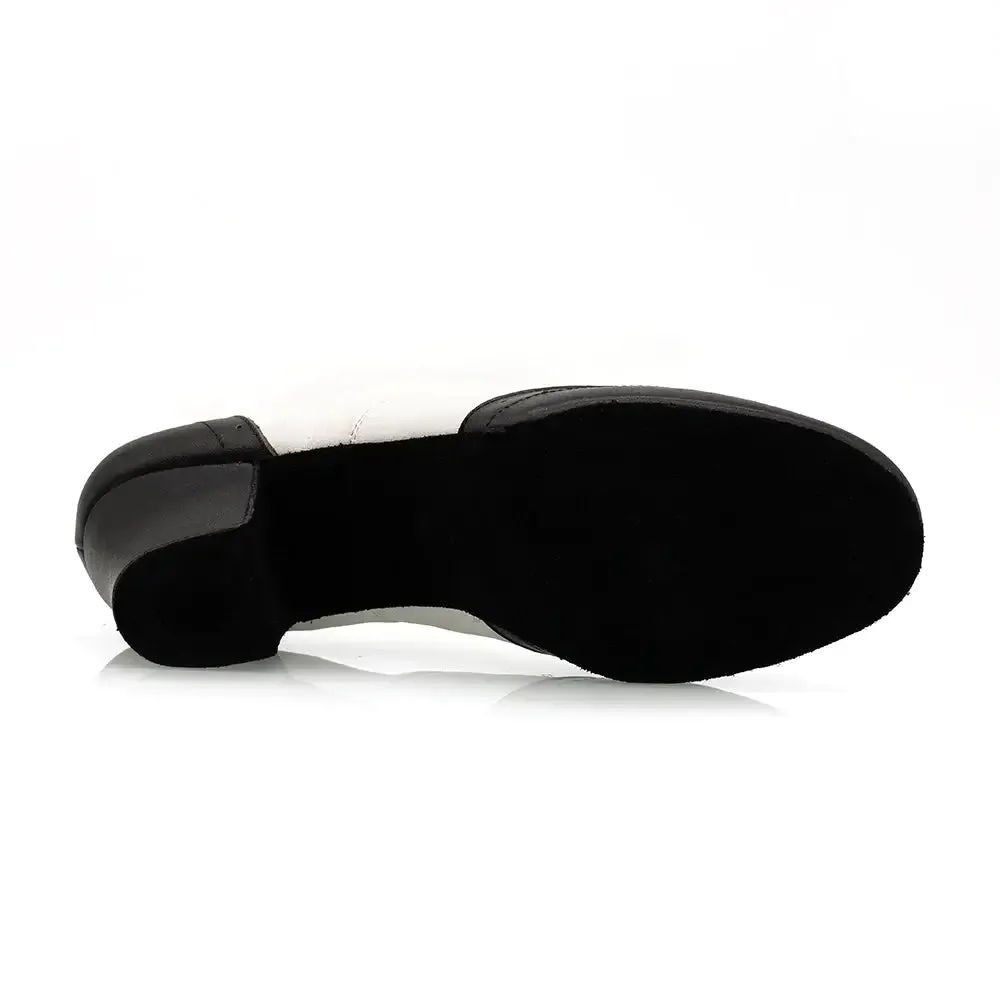 Melody - Black & White Leather 2" Women's Cuban Heel Latin & Ballroom Practice Dance Shoes (Suede Sole)