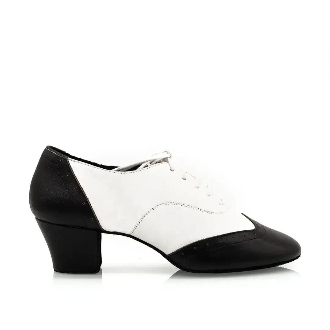 Melody - Black & White Leather 2" Women's Cuban Heel Latin & Ballroom Practice Dance Shoes (Suede Sole)