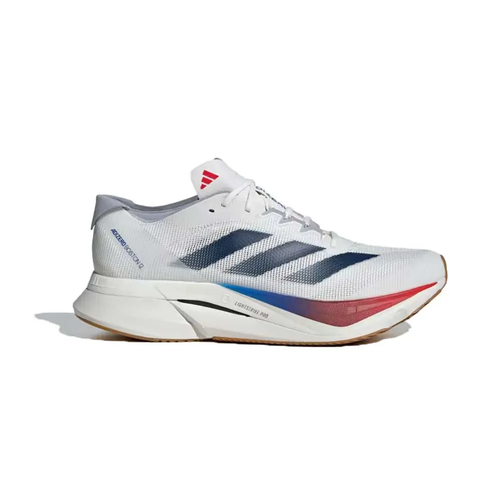 Men's Adizero Boston 12 Running Shoe - Core White/Dark Blue/Pure Ruby - Regular (D)