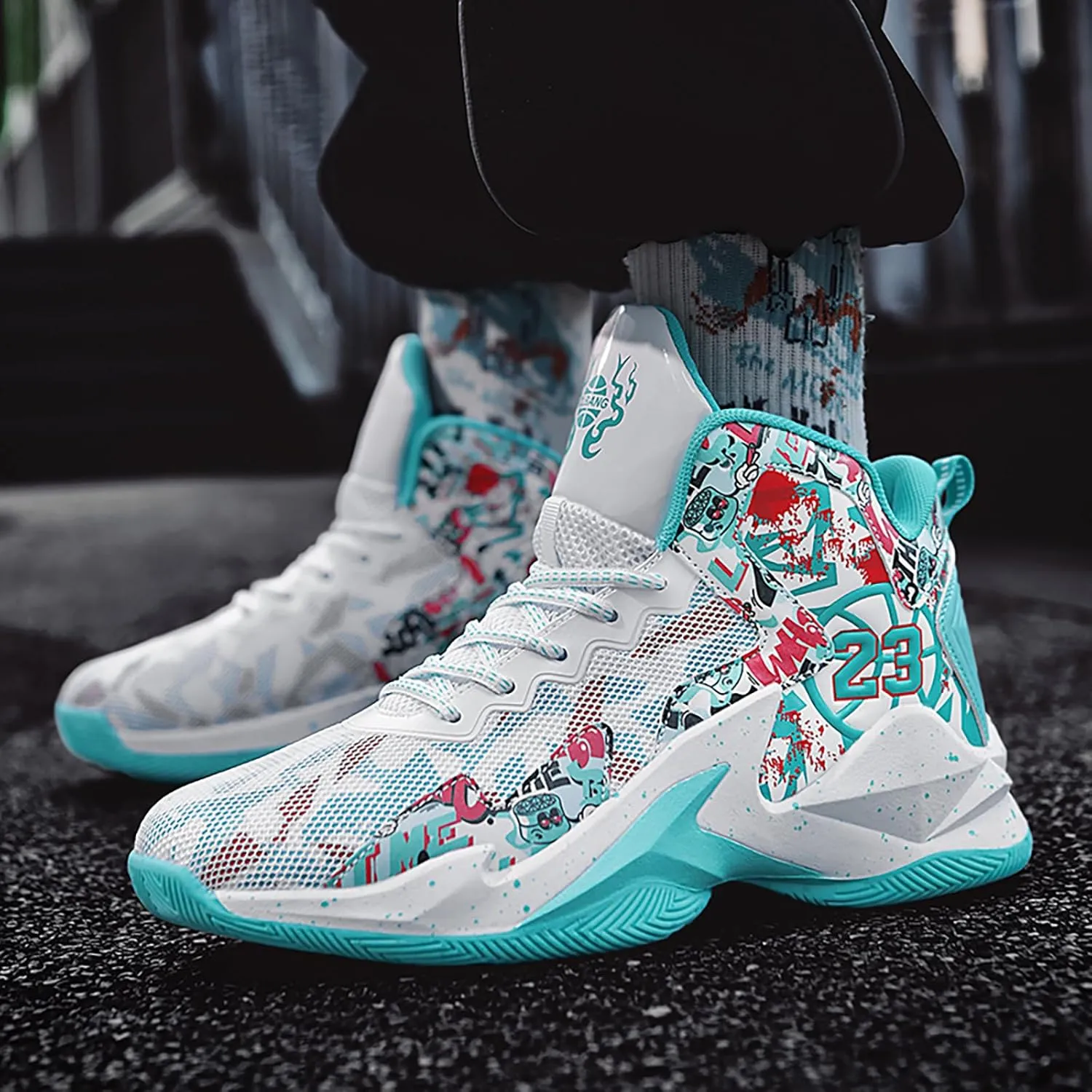 Men's Basketball Shoes No-Slip Breathable Outdoor Shoes Women's Fashion Graffiti Training Shoes