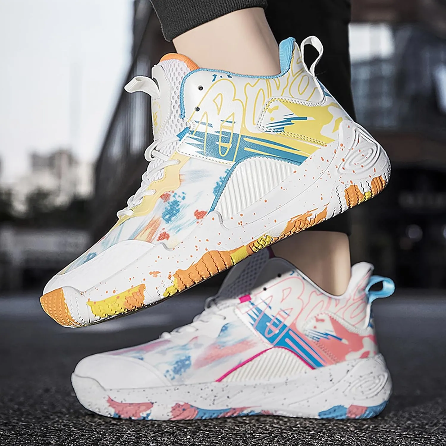 Men's Basketball Shoes No-Slip Breathable Outdoor Shoes Women's Fashion Graffiti Training Shoes