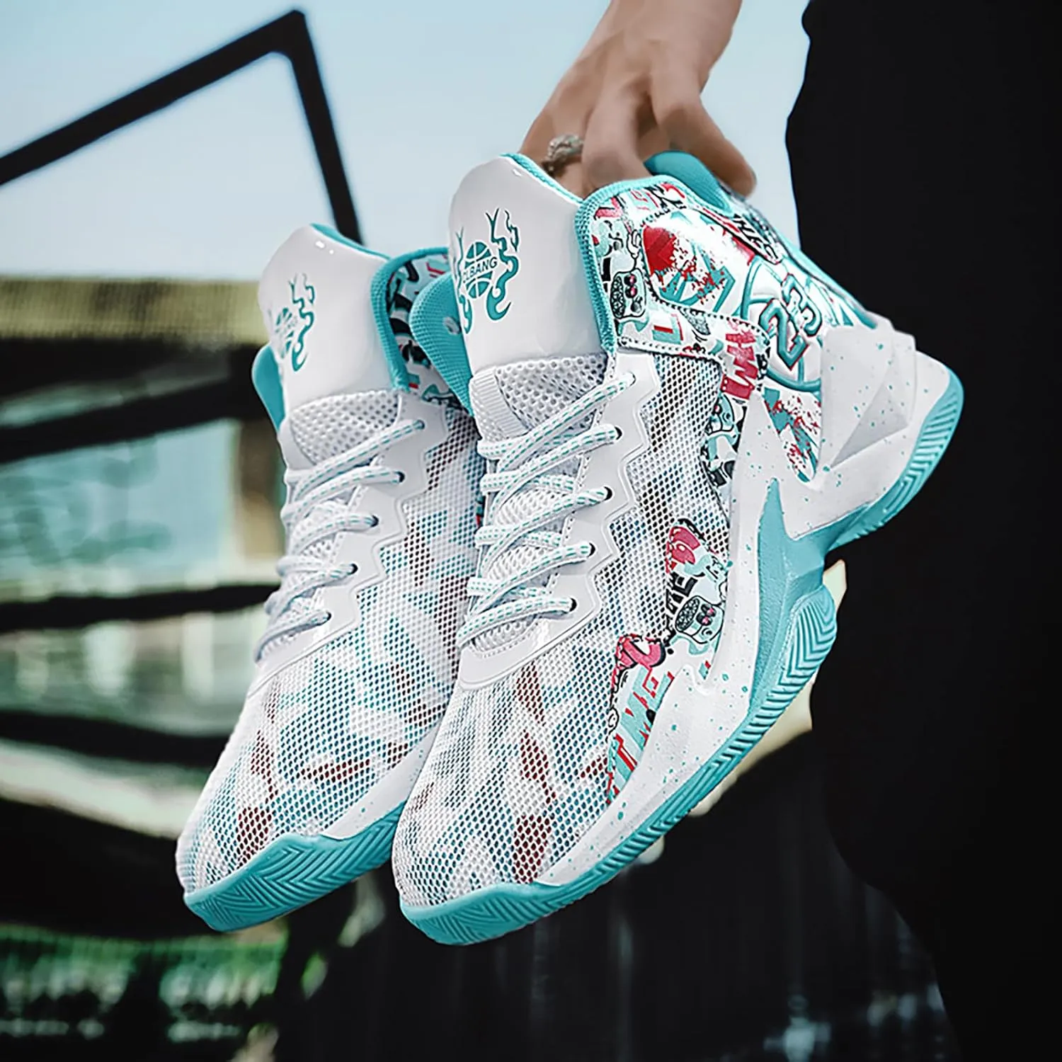 Men's Basketball Shoes No-Slip Breathable Outdoor Shoes Women's Fashion Graffiti Training Shoes