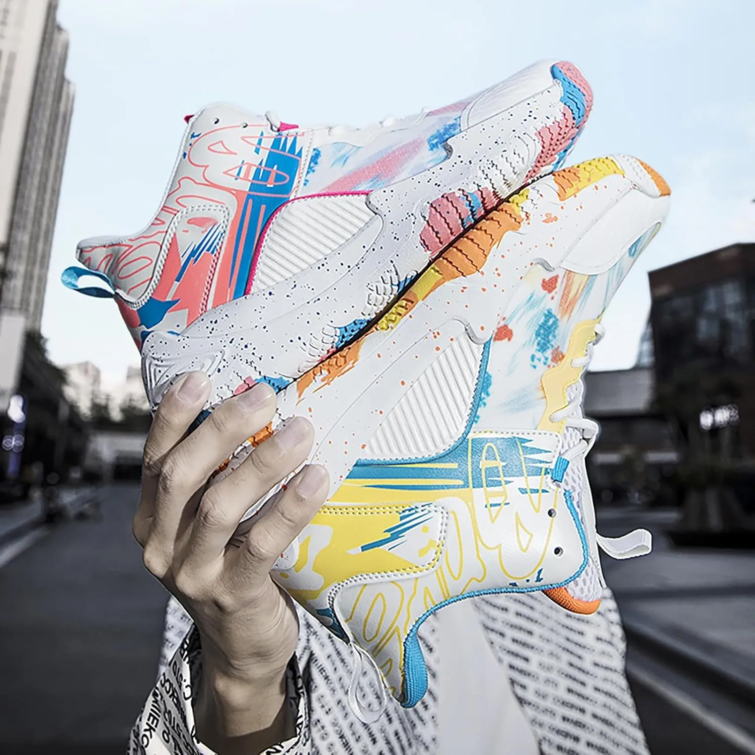 Men's Basketball Shoes No-Slip Breathable Outdoor Shoes Women's Fashion Graffiti Training Shoes