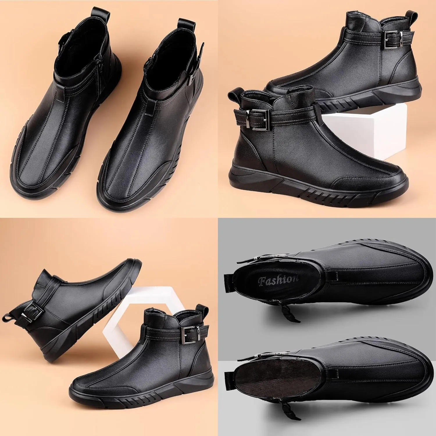 Men's Black High-top Casual Leather Boots,2023 Fall Winter Non-slip Shock-absorbing Zip Buckle Business Ankle Booties
