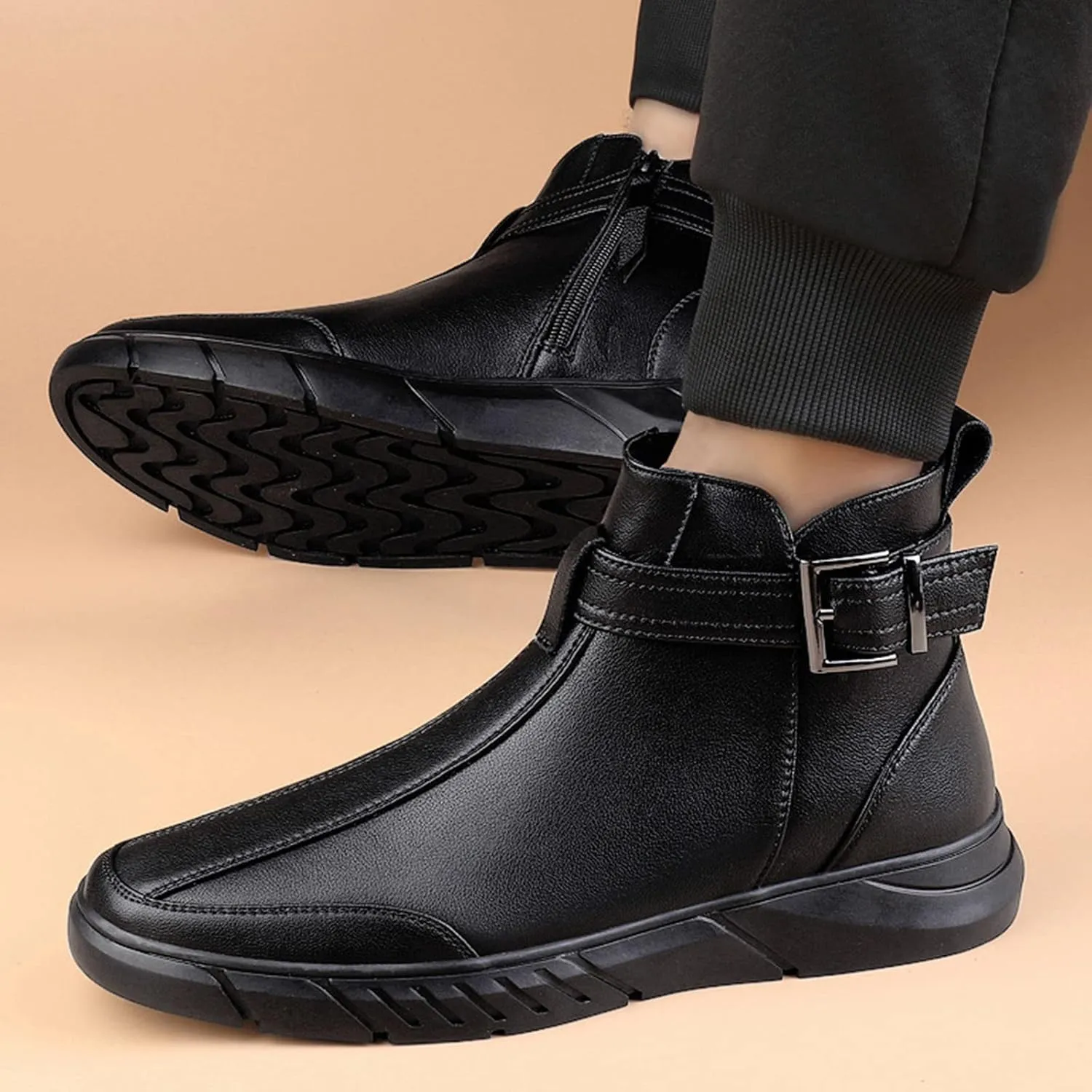 Men's Black High-top Casual Leather Boots,2023 Fall Winter Non-slip Shock-absorbing Zip Buckle Business Ankle Booties