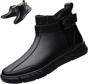 Men's Black High-top Casual Leather Boots,2023 Fall Winter Non-slip Shock-absorbing Zip Buckle Business Ankle Booties