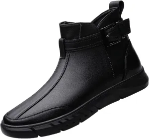 Men's Black High-top Casual Leather Boots,2023 Fall Winter Non-slip Shock-absorbing Zip Buckle Business Ankle Booties