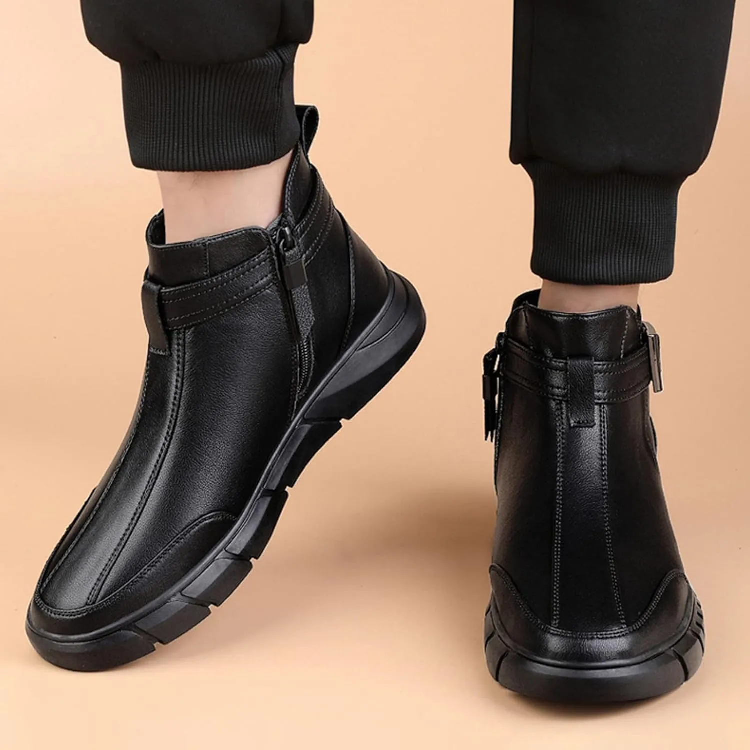 Men's Black High-top Casual Leather Boots,2023 Fall Winter Non-slip Shock-absorbing Zip Buckle Business Ankle Booties