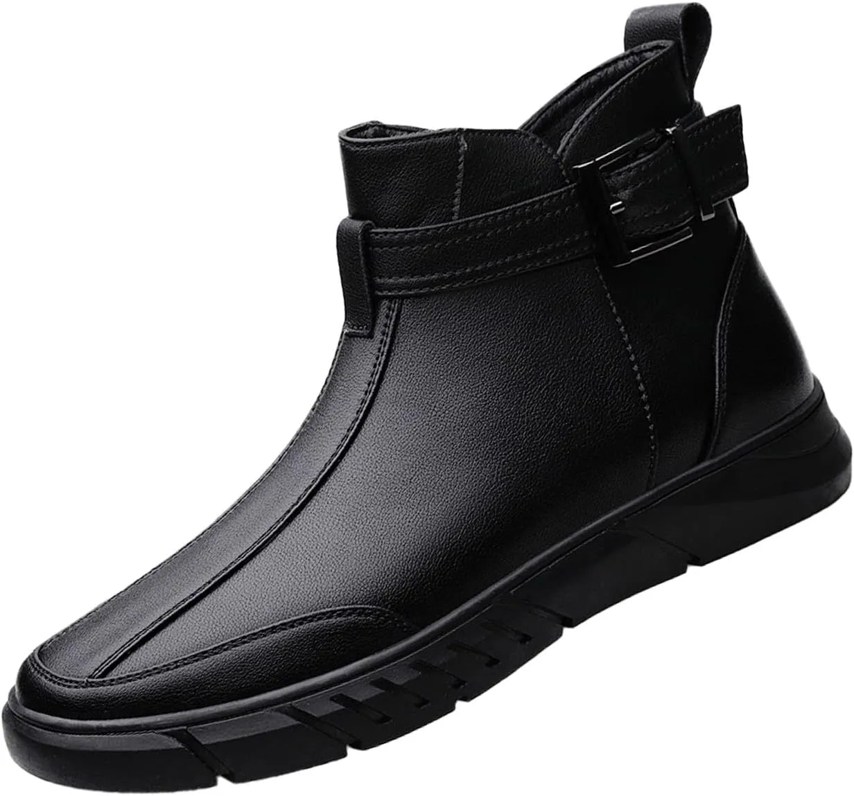 Men's Black High-top Casual Leather Boots,2023 Fall Winter Non-slip Shock-absorbing Zip Buckle Business Ankle Booties