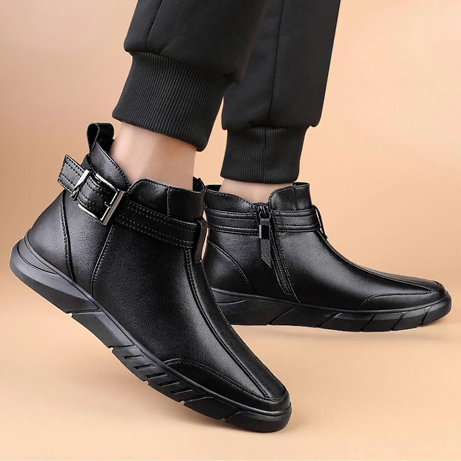 Men's Black High-top Casual Leather Boots,2023 Fall Winter Non-slip Shock-absorbing Zip Buckle Business Ankle Booties