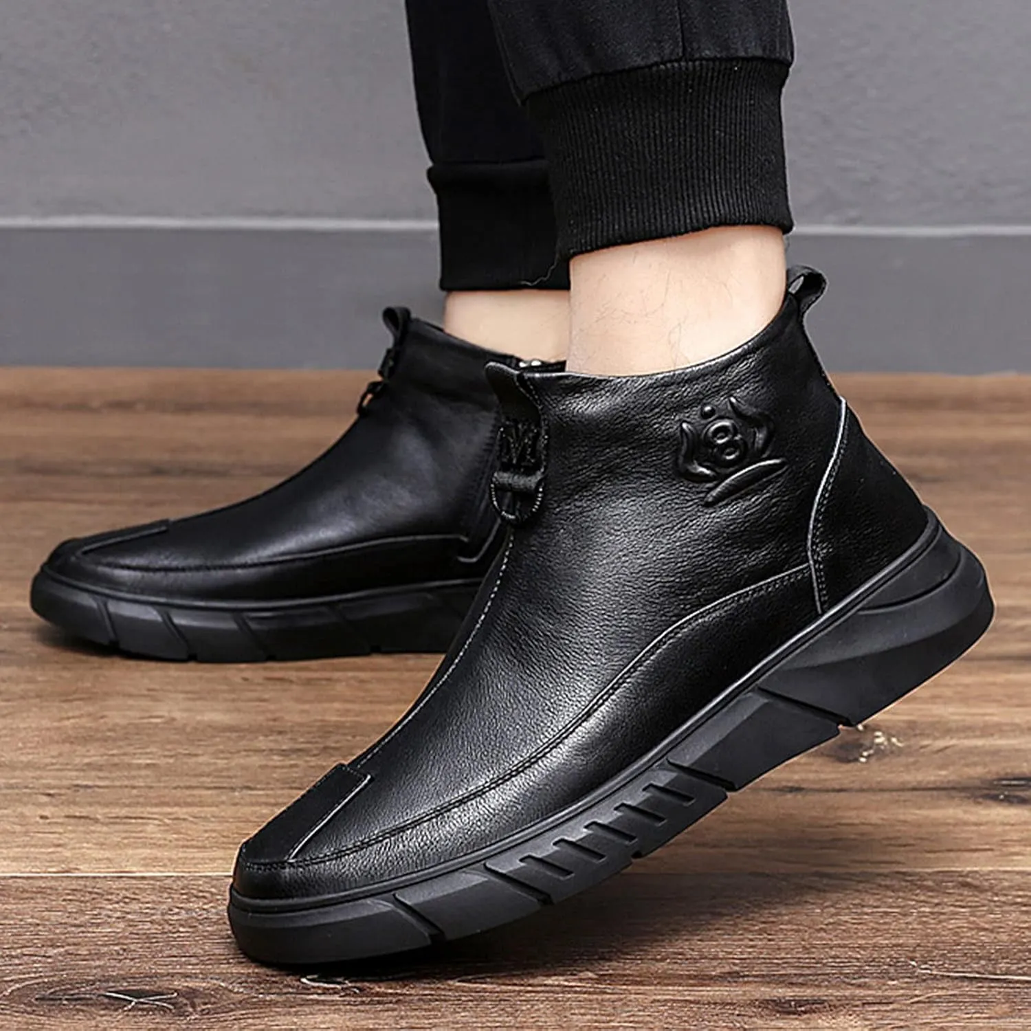Men's Black High-top Casual Leather Boots,Fall Winter Italian Non-slip Shock-absorbing Zip Business Ankle Booties