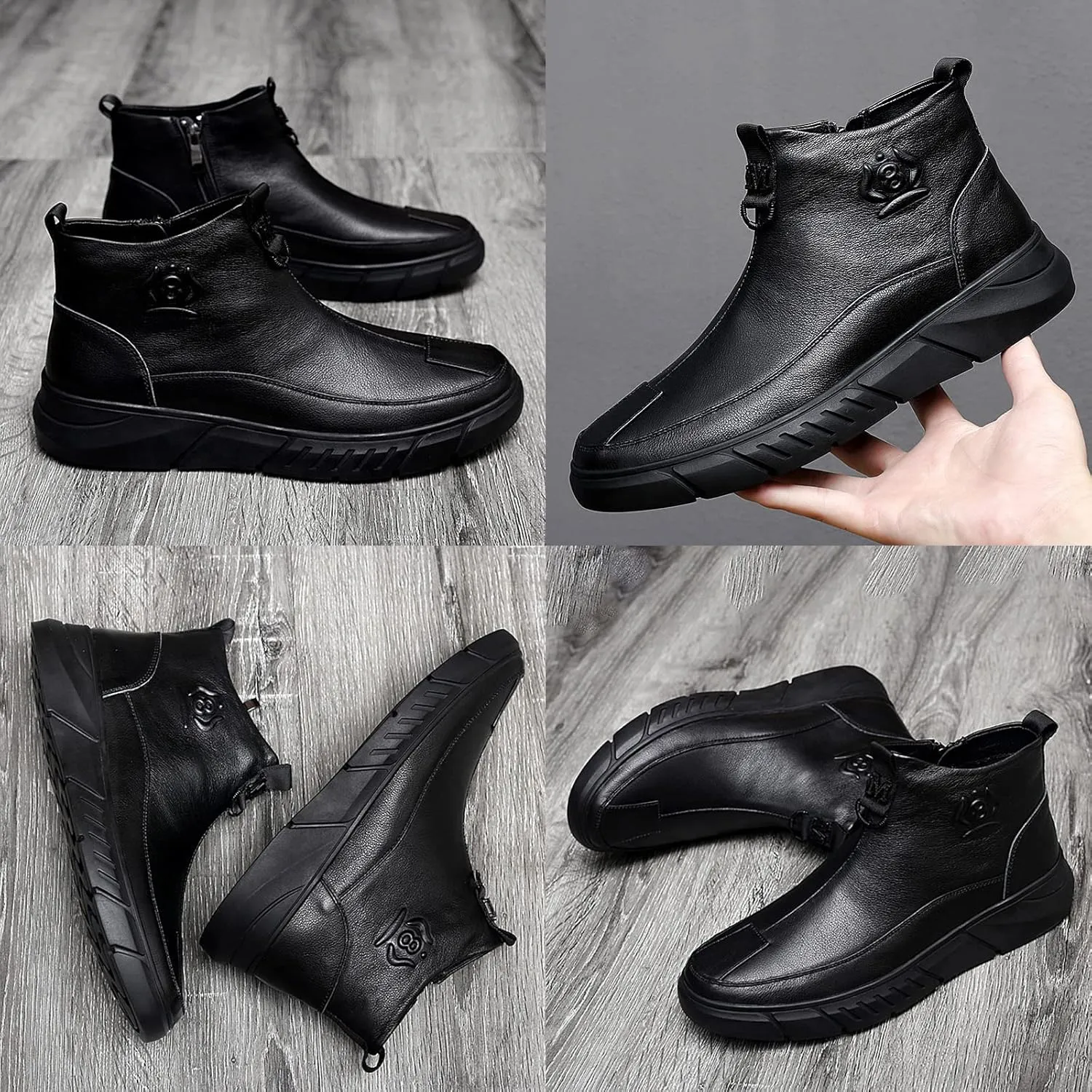 Men's Black High-top Casual Leather Boots,Fall Winter Italian Non-slip Shock-absorbing Zip Business Ankle Booties