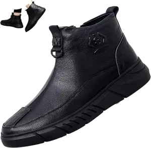 Men's Black High-top Casual Leather Boots,Fall Winter Italian Non-slip Shock-absorbing Zip Business Ankle Booties