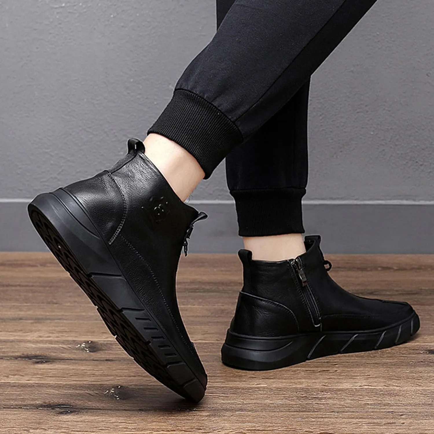 Men's Black High-top Casual Leather Boots,Fall Winter Italian Non-slip Shock-absorbing Zip Business Ankle Booties