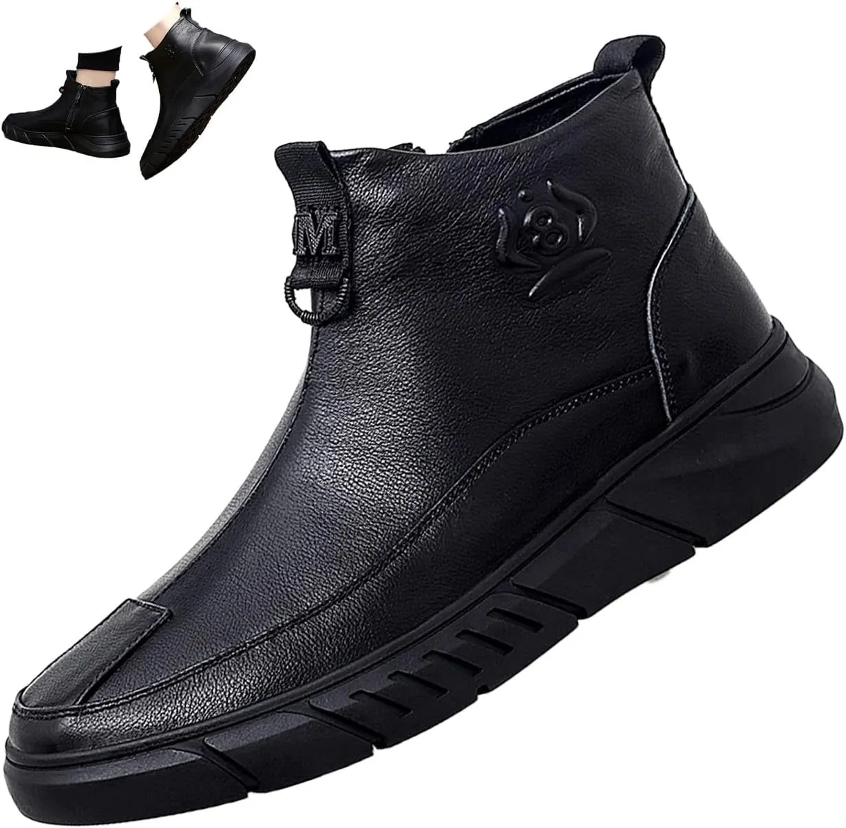 Men's Black High-top Casual Leather Boots,Fall Winter Italian Non-slip Shock-absorbing Zip Business Ankle Booties