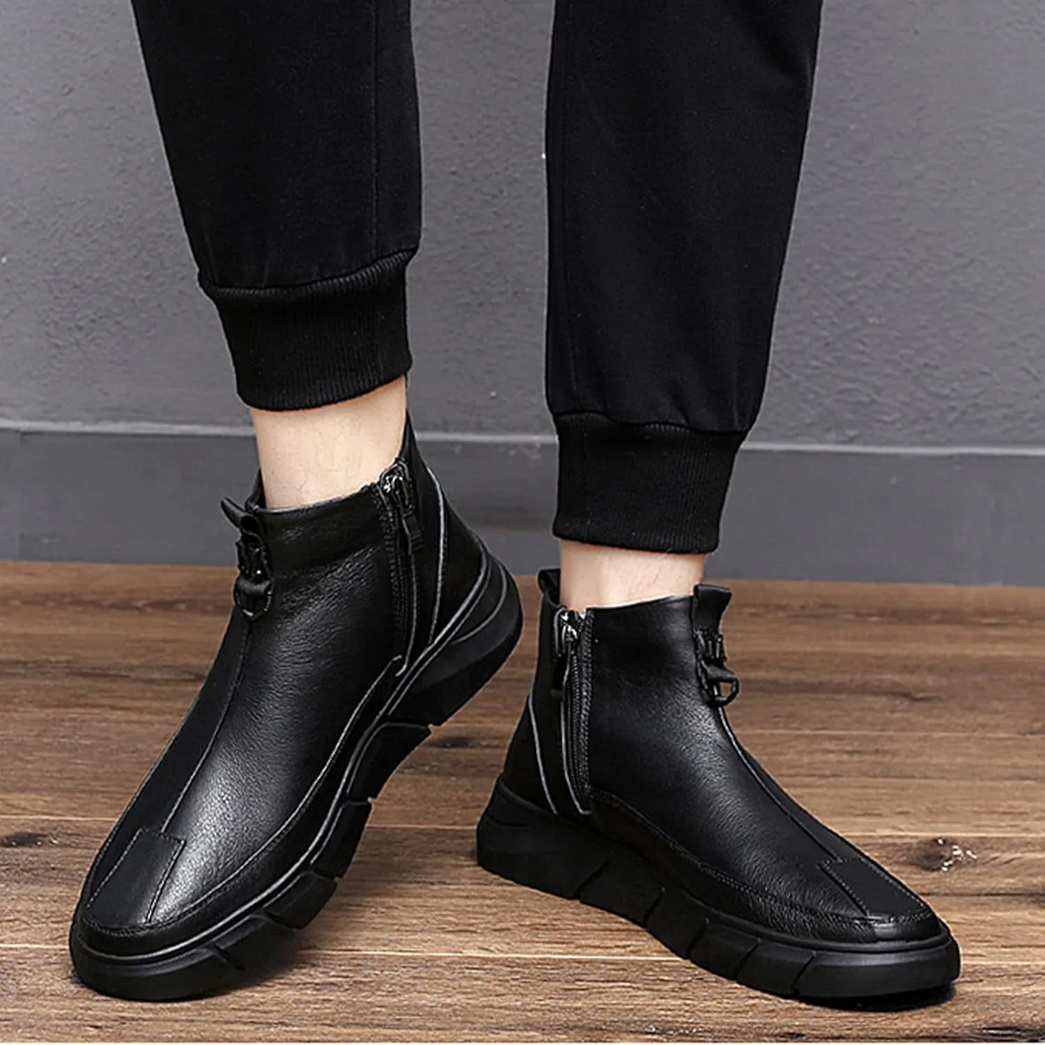 Men's Black High-top Casual Leather Boots,Fall Winter Italian Non-slip Shock-absorbing Zip Business Ankle Booties