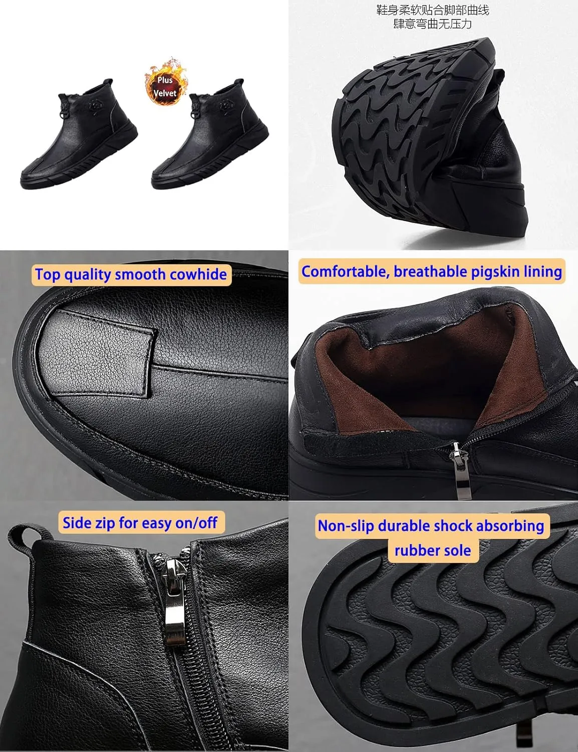 Men's Black High-top Casual Leather Boots,Fall Winter Italian Non-slip Shock-absorbing Zip Business Ankle Booties