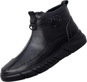 Men's Black High-top Casual Leather Boots,Fall Winter Italian Non-slip Shock-absorbing Zip Business Ankle Booties