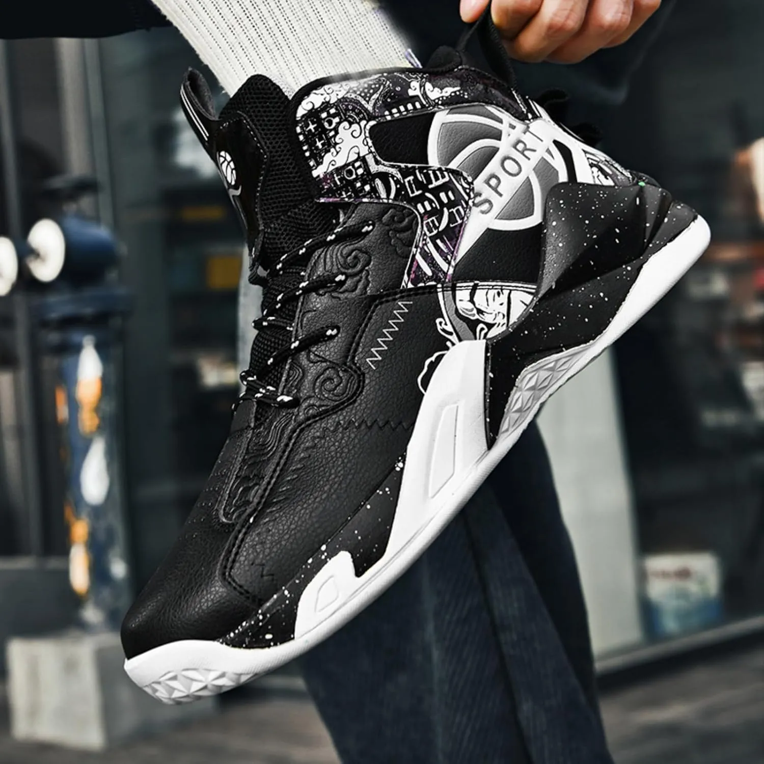 Men's Breathable Leather Lace Up Cushioning Basketball Shoes Fashion High-Top Non-Slip Sneakers Casual for Gym Sports Tennis Jogging Running Walking