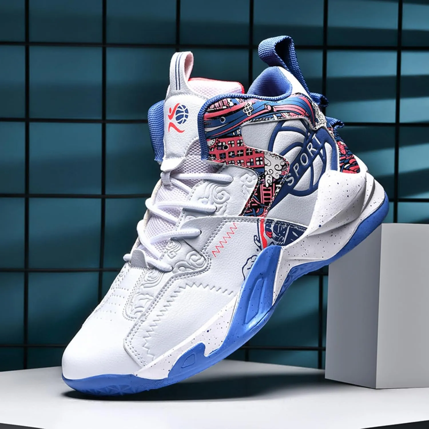 Men's Breathable Leather Lace Up Cushioning Basketball Shoes Fashion High-Top Non-Slip Sneakers Casual for Gym Sports Tennis Jogging Running Walking