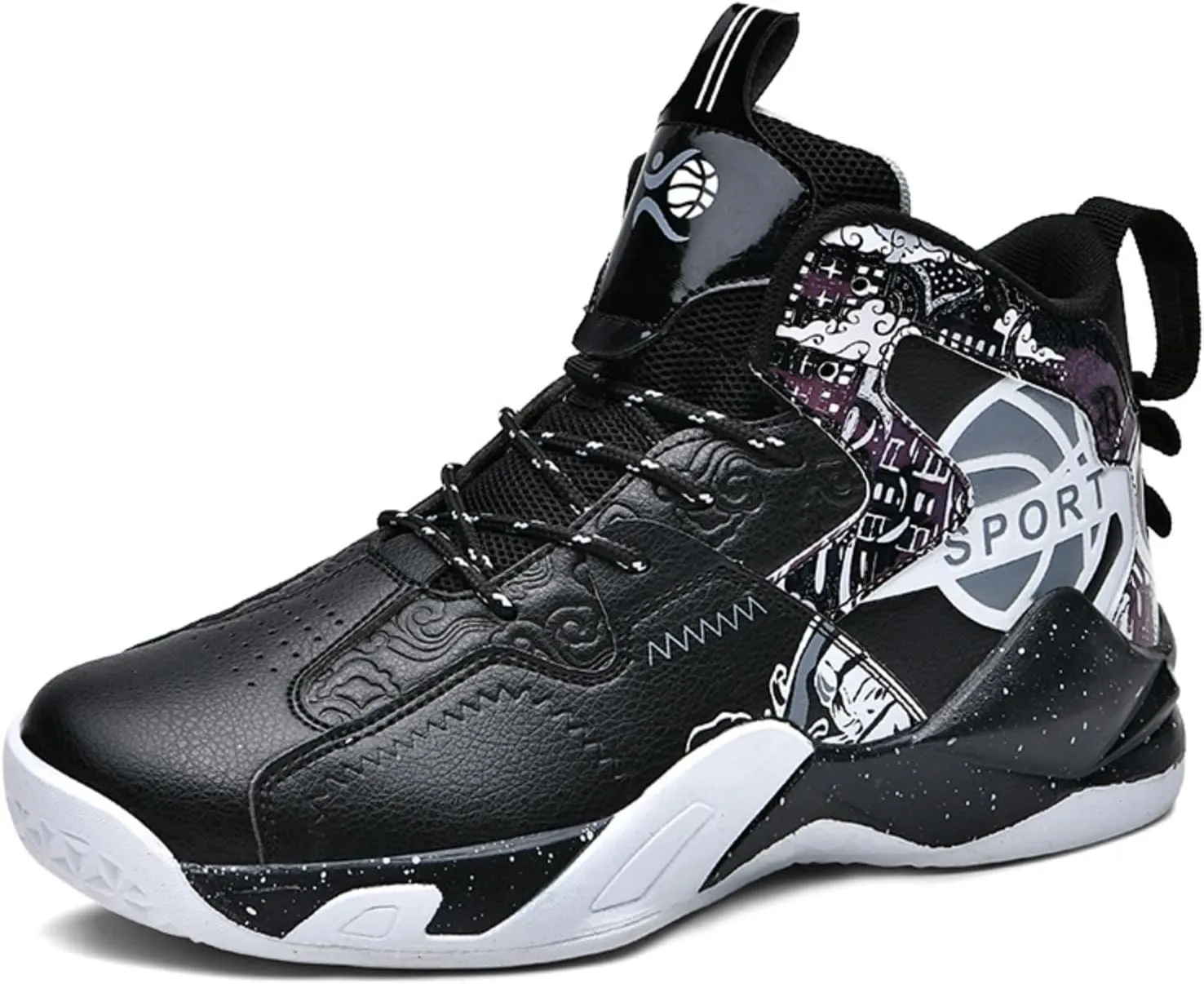 Men's Breathable Leather Lace Up Cushioning Basketball Shoes Fashion High-Top Non-Slip Sneakers Casual for Gym Sports Tennis Jogging Running Walking