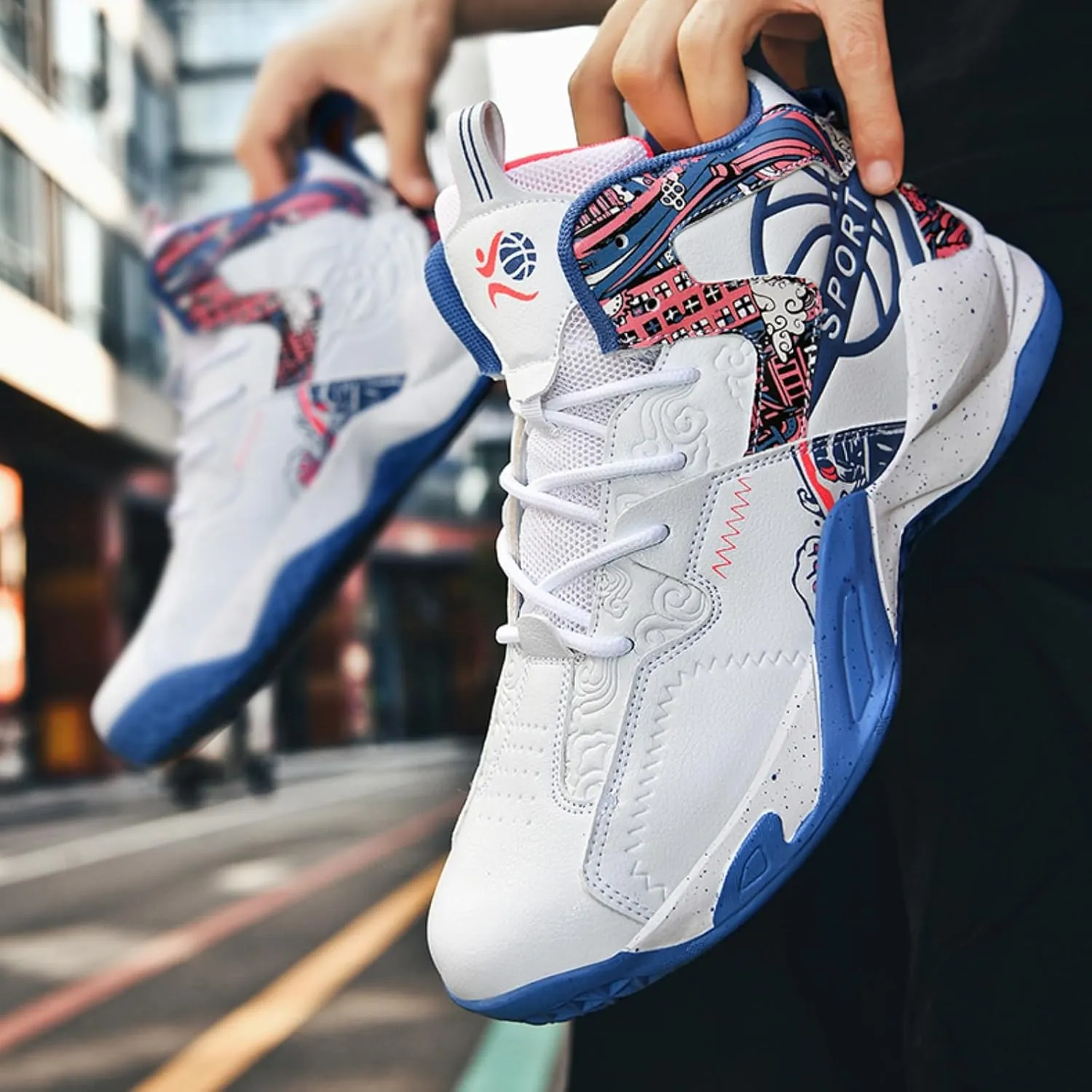 Men's Breathable Leather Lace Up Cushioning Basketball Shoes Fashion High-Top Non-Slip Sneakers Casual for Gym Sports Tennis Jogging Running Walking