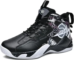 Men's Breathable Leather Lace Up Cushioning Basketball Shoes Fashion High-Top Non-Slip Sneakers Casual for Gym Sports Tennis Jogging Running Walking