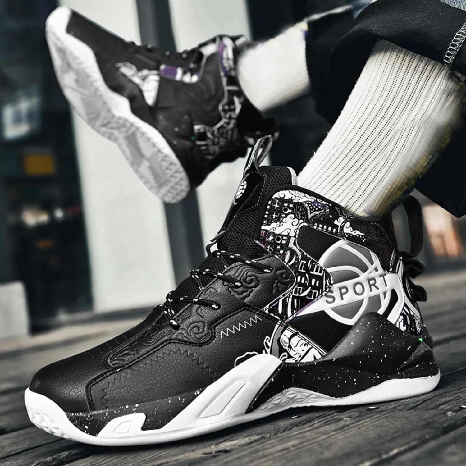 Men's Breathable Leather Lace Up Cushioning Basketball Shoes Fashion High-Top Non-Slip Sneakers Casual for Gym Sports Tennis Jogging Running Walking