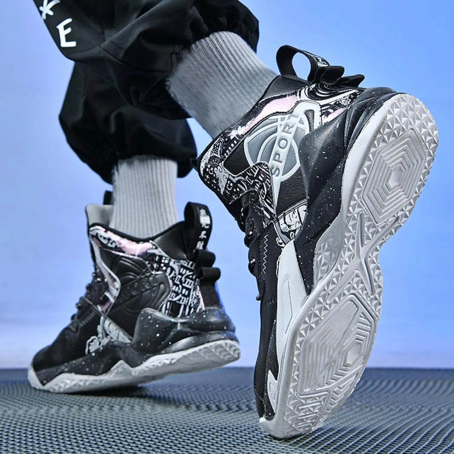 Men's Breathable Leather Lace Up Cushioning Basketball Shoes Fashion High-Top Non-Slip Sneakers Casual for Gym Sports Tennis Jogging Running Walking