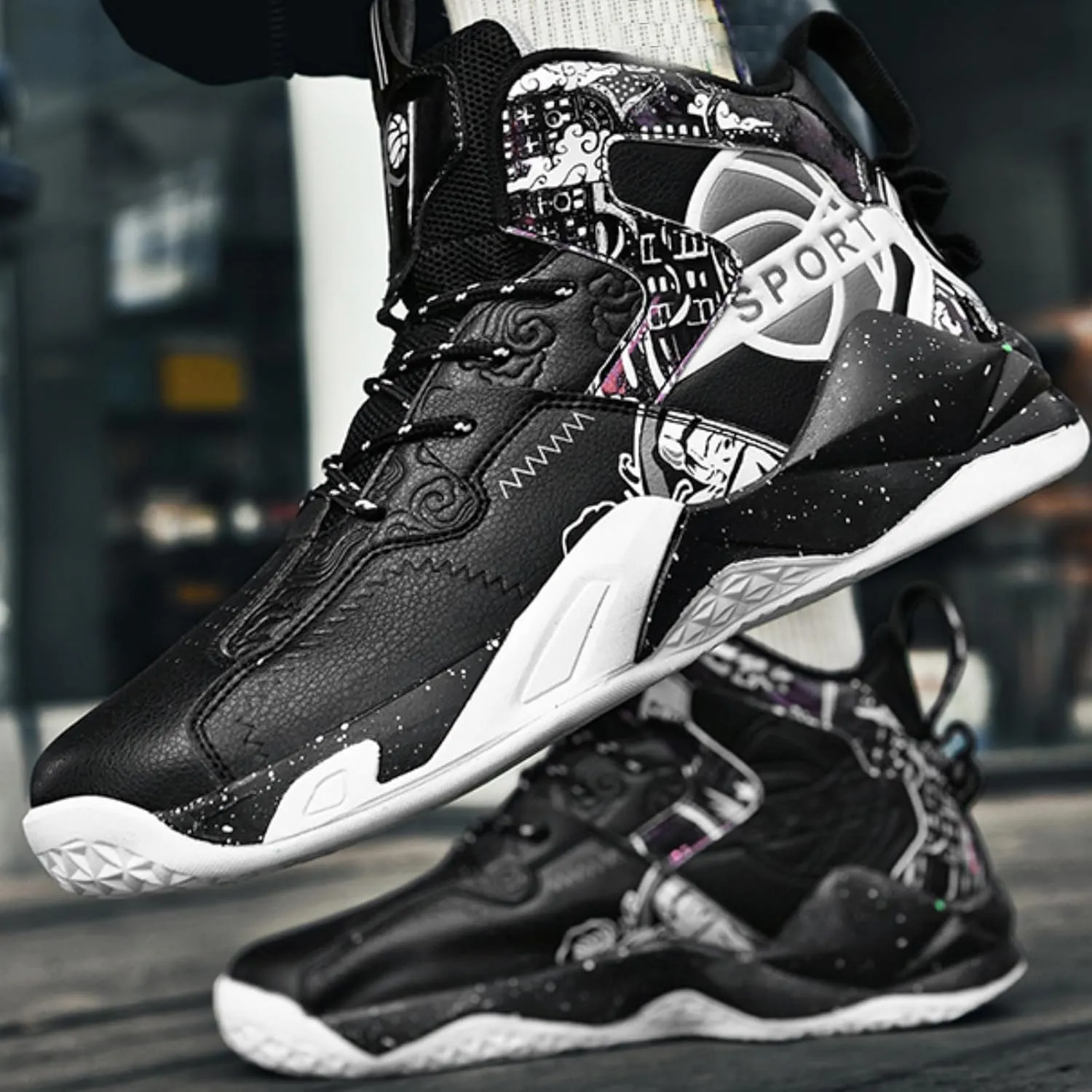 Men's Breathable Leather Lace Up Cushioning Basketball Shoes Fashion High-Top Non-Slip Sneakers Casual for Gym Sports Tennis Jogging Running Walking