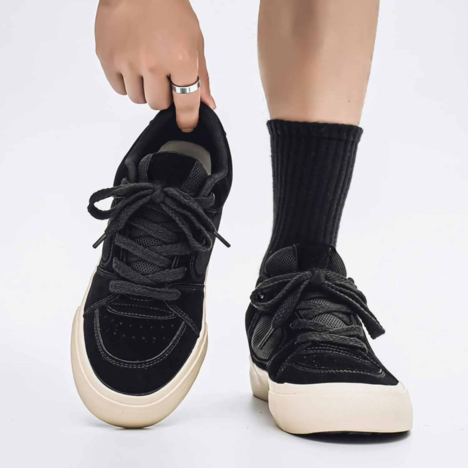 Men's Fashion Hollow Suede Leather Platform Lace Up Sneakers Casual Low Top Breathable Lightweight Walking Trainers Tennis Skate Shoes