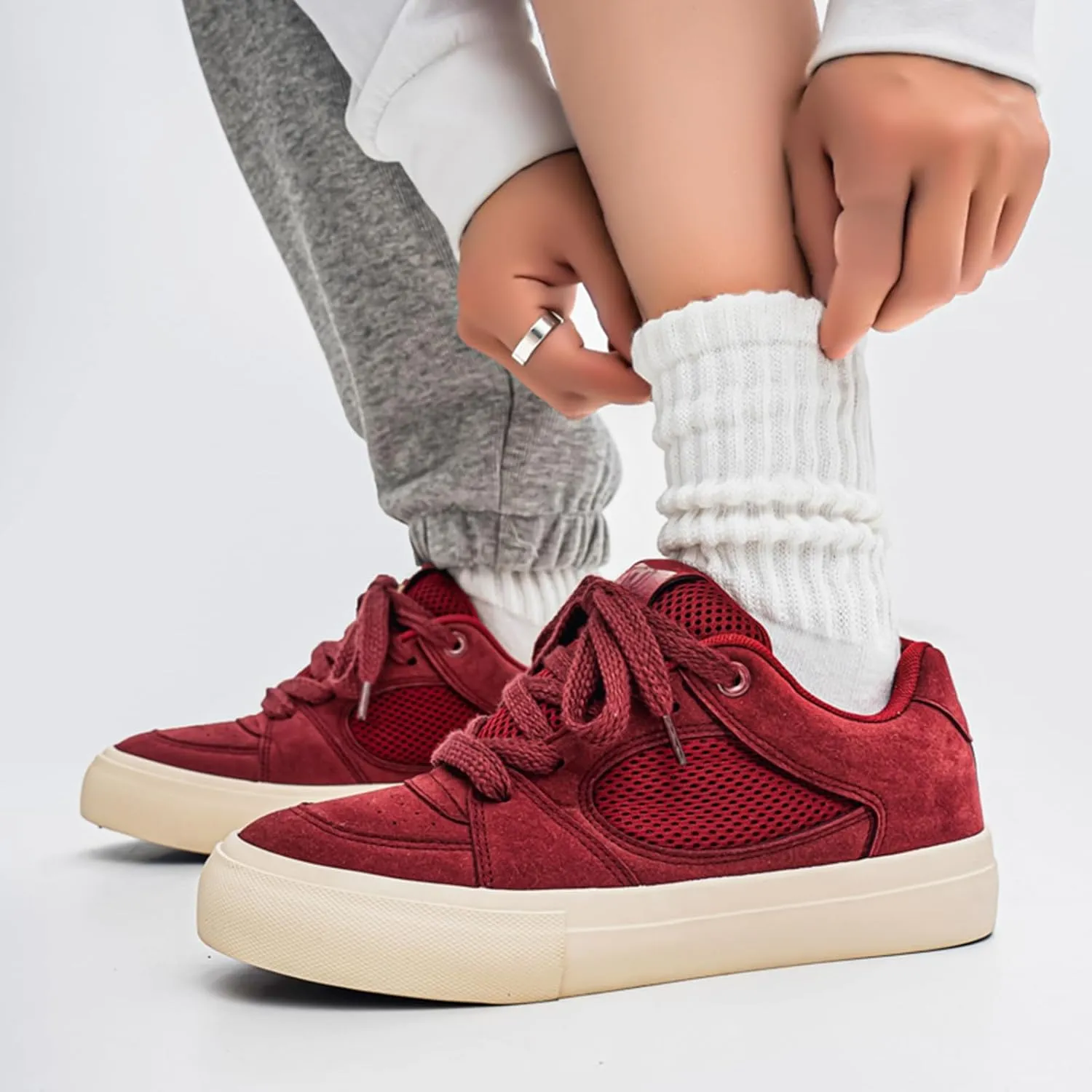 Men's Fashion Hollow Suede Leather Platform Lace Up Sneakers Casual Low Top Breathable Lightweight Walking Trainers Tennis Skate Shoes