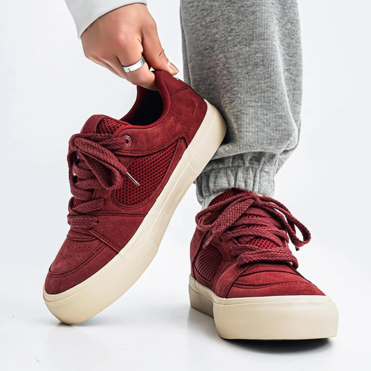 Men's Fashion Hollow Suede Leather Platform Lace Up Sneakers Casual Low Top Breathable Lightweight Walking Trainers Tennis Skate Shoes