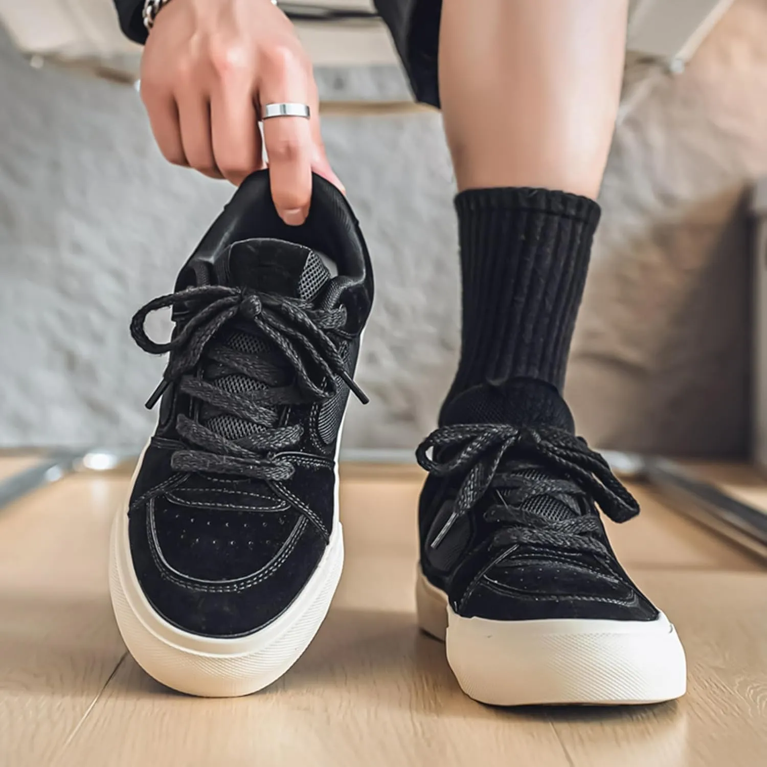 Men's Fashion Hollow Suede Leather Platform Lace Up Sneakers Casual Low Top Breathable Lightweight Walking Trainers Tennis Skate Shoes