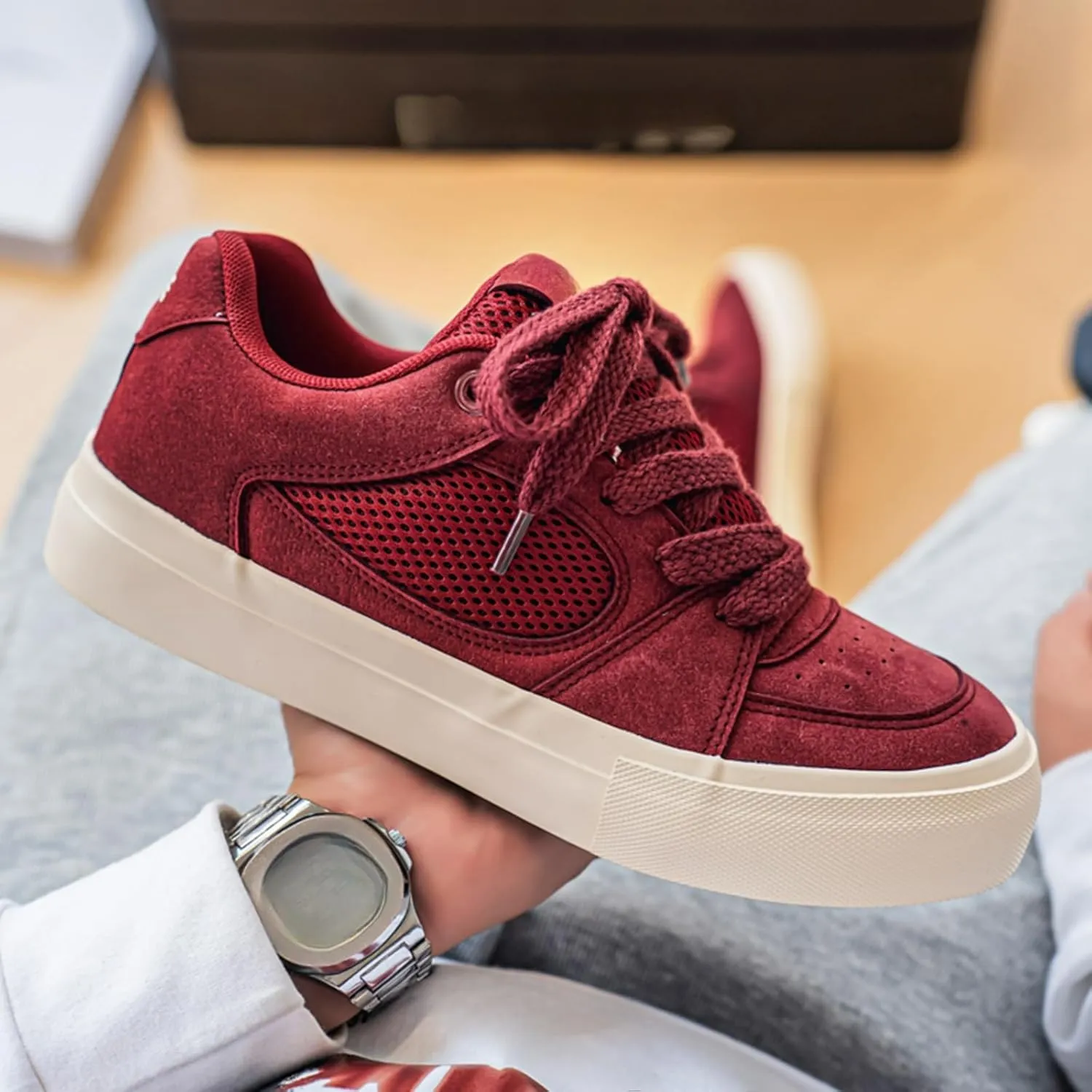 Men's Fashion Hollow Suede Leather Platform Lace Up Sneakers Casual Low Top Breathable Lightweight Walking Trainers Tennis Skate Shoes