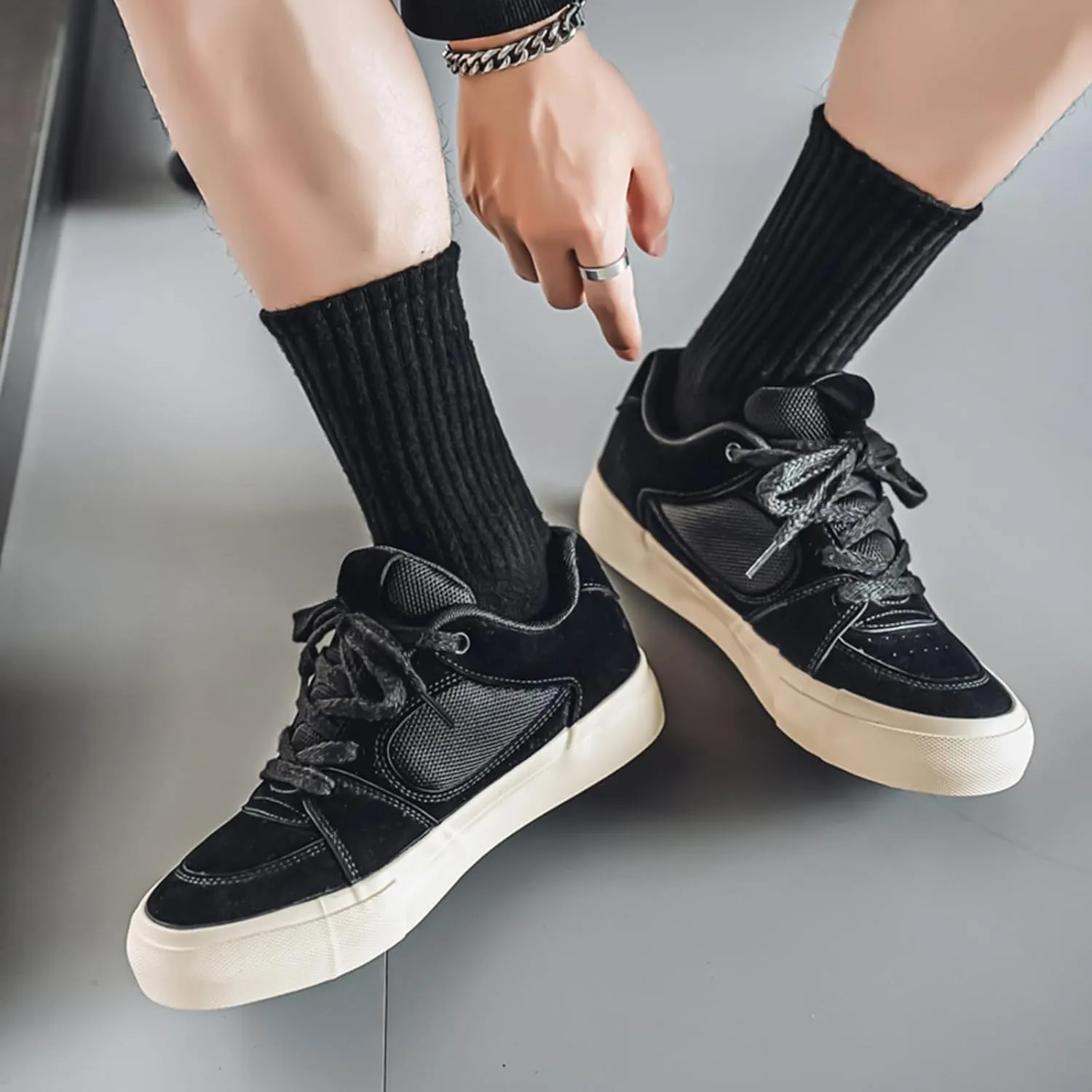 Men's Fashion Hollow Suede Leather Platform Lace Up Sneakers Casual Low Top Breathable Lightweight Walking Trainers Tennis Skate Shoes