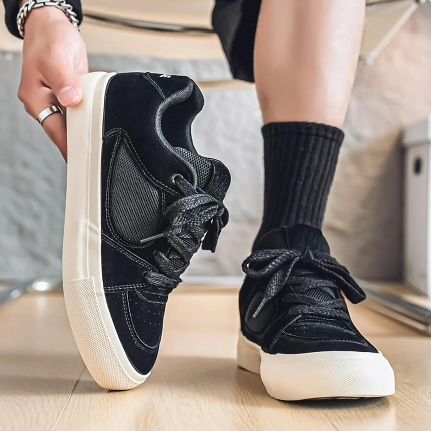 Men's Fashion Hollow Suede Leather Platform Lace Up Sneakers Casual Low Top Breathable Lightweight Walking Trainers Tennis Skate Shoes