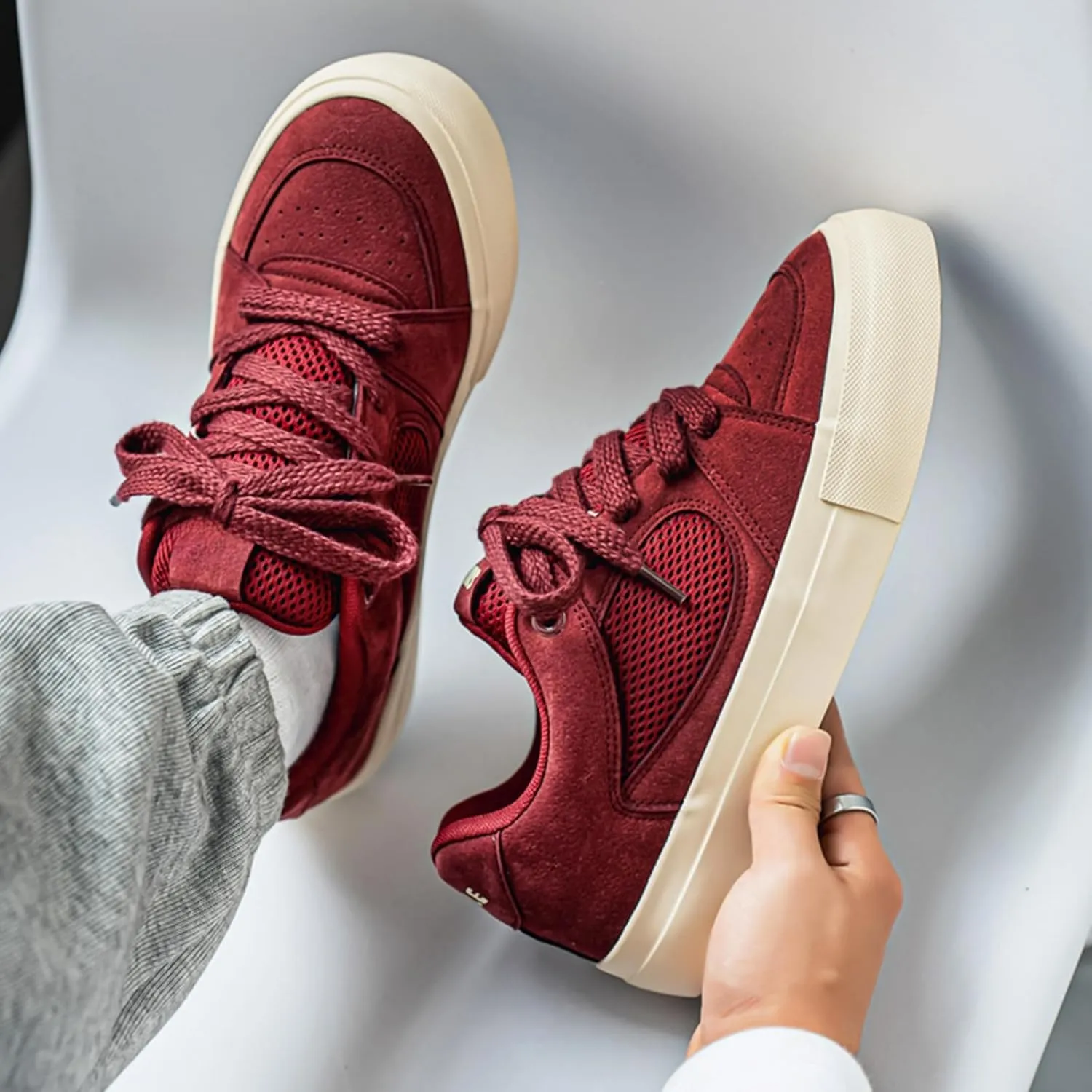 Men's Fashion Hollow Suede Leather Platform Lace Up Sneakers Casual Low Top Breathable Lightweight Walking Trainers Tennis Skate Shoes