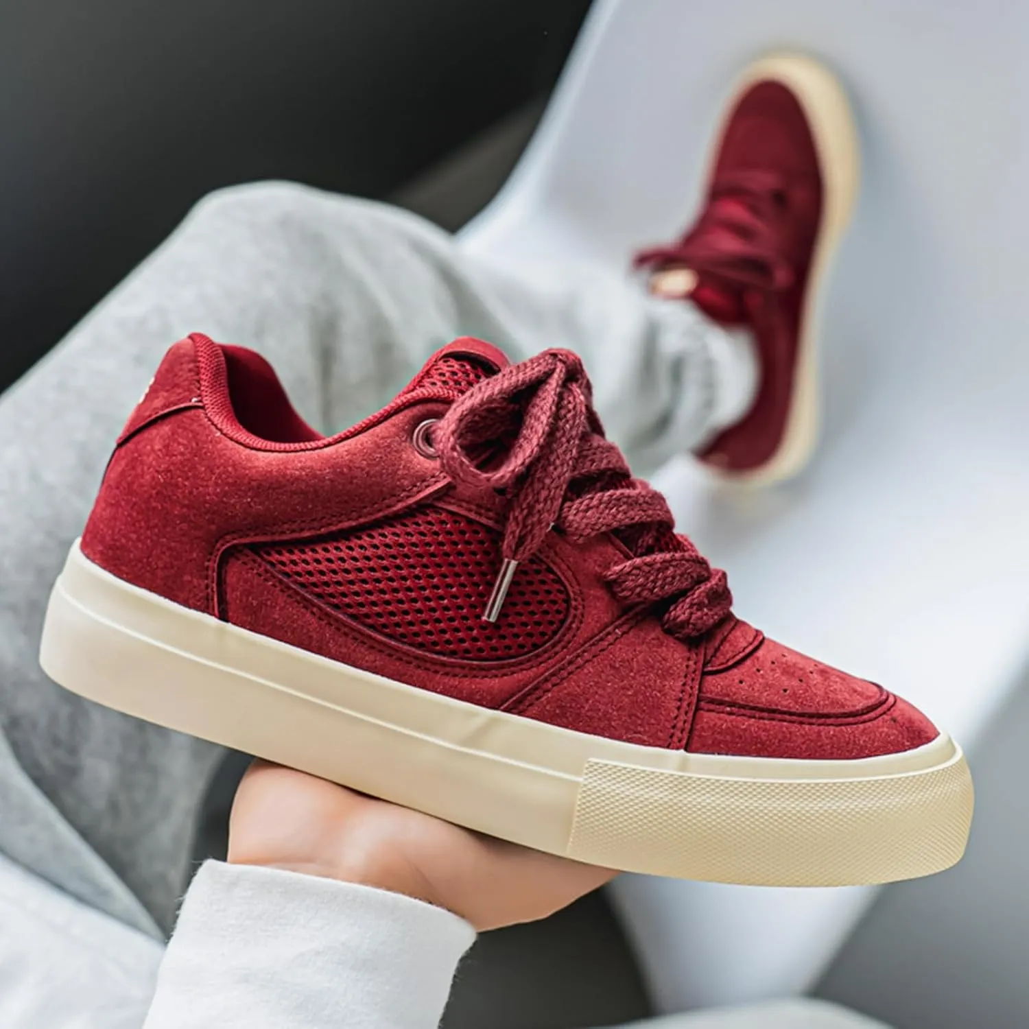 Men's Fashion Hollow Suede Leather Platform Lace Up Sneakers Casual Low Top Breathable Lightweight Walking Trainers Tennis Skate Shoes