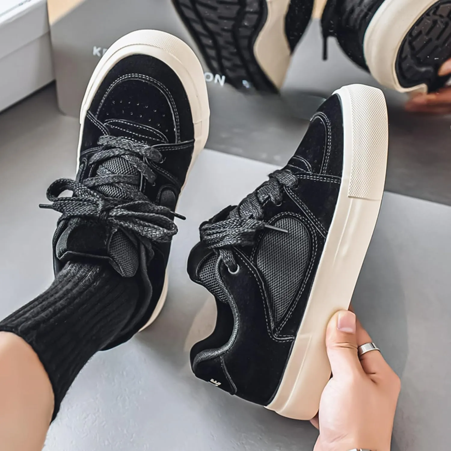 Men's Fashion Hollow Suede Leather Platform Lace Up Sneakers Casual Low Top Breathable Lightweight Walking Trainers Tennis Skate Shoes