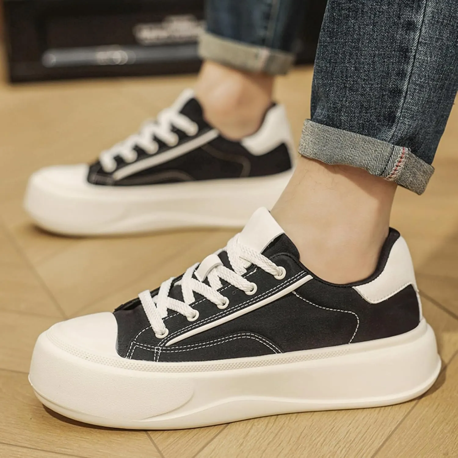 Men's Fashion Low Top Leather Platform Lace-Up Sneakers Retro Non Slip Workout Sport Skate Shoes for Tennis Walking Driving