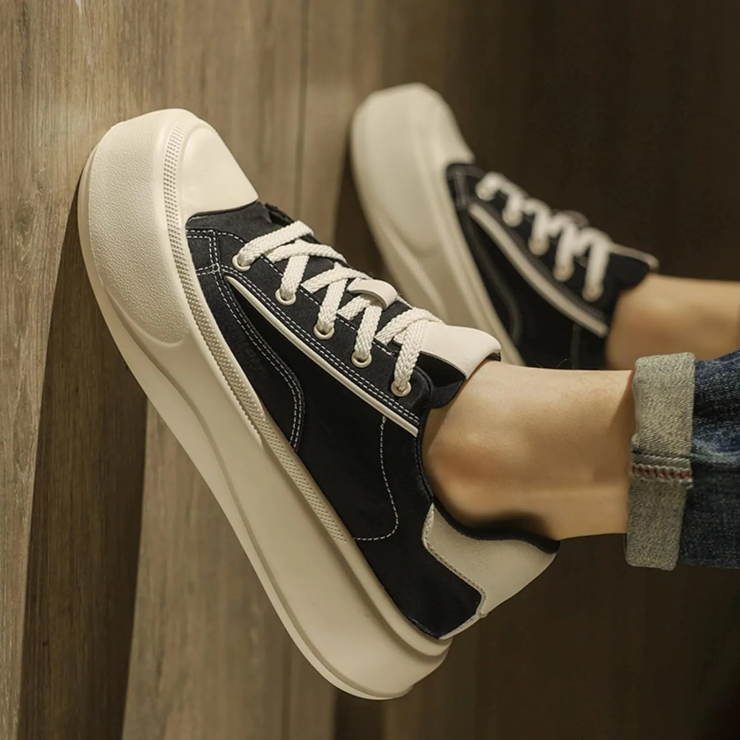 Men's Fashion Low Top Leather Platform Lace-Up Sneakers Retro Non Slip Workout Sport Skate Shoes for Tennis Walking Driving