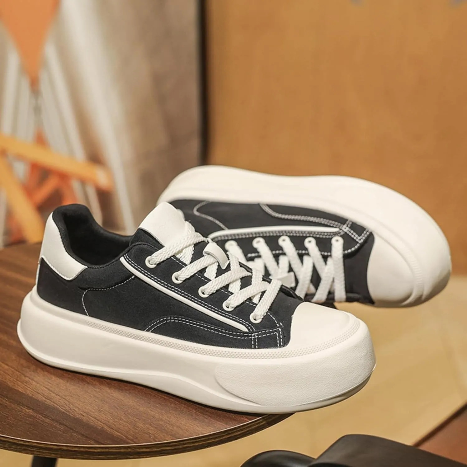 Men's Fashion Low Top Leather Platform Lace-Up Sneakers Retro Non Slip Workout Sport Skate Shoes for Tennis Walking Driving