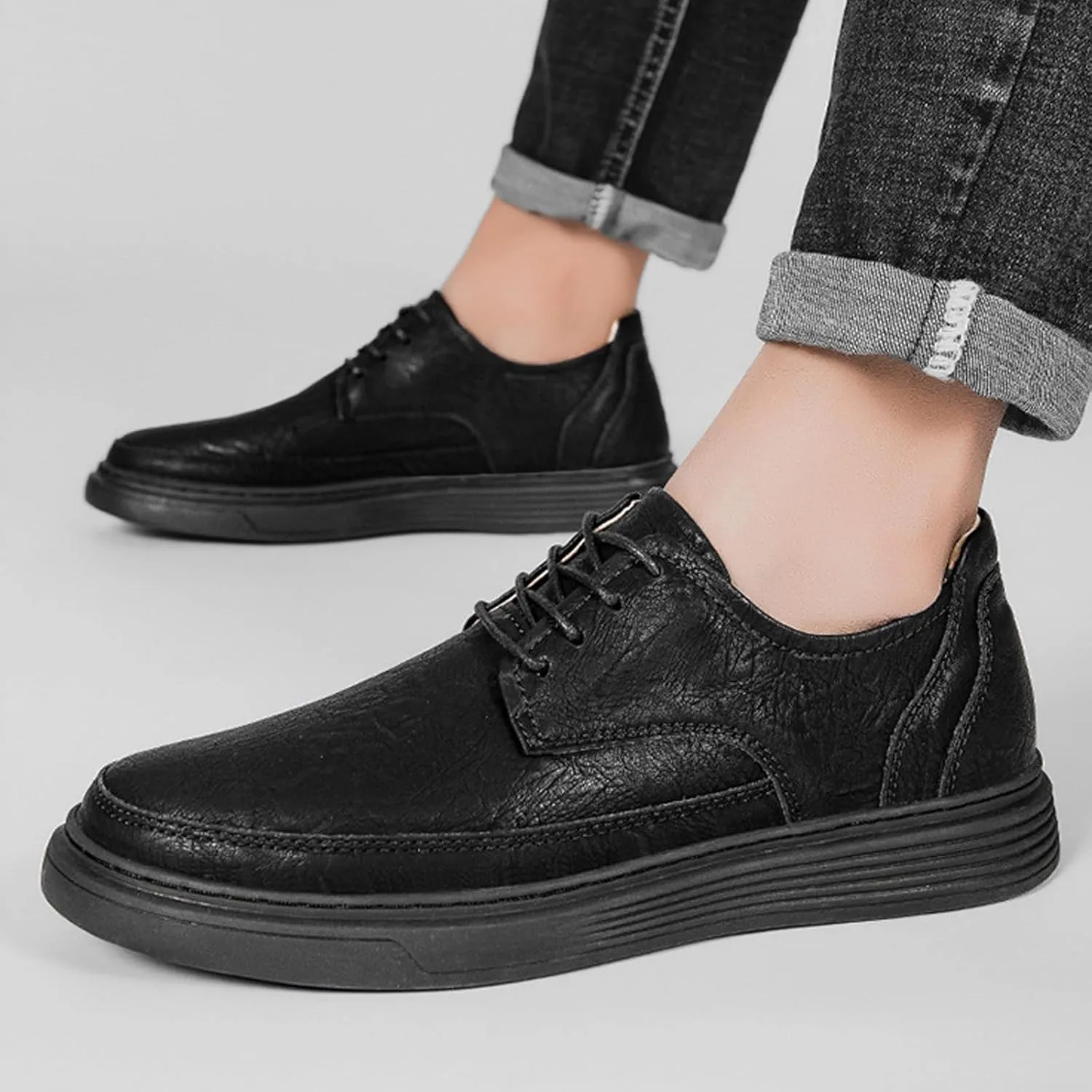 Men's Leather Flat Dress Fashion Sneakers Retro Comfortable Round Toe Stitching Details Lace-up Soft Sole Casual Skate Shoes Office Working Daily Walking Shoes