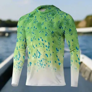 Men's Long Sleeve Hooded Fishing Shirts UPF50  Green Mahi Mahi